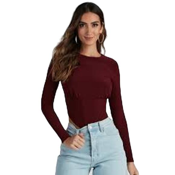 Windsor S Maroon Long Sleeve Corset Crew Neck Smooth Knit Top - Picture 1 of 7